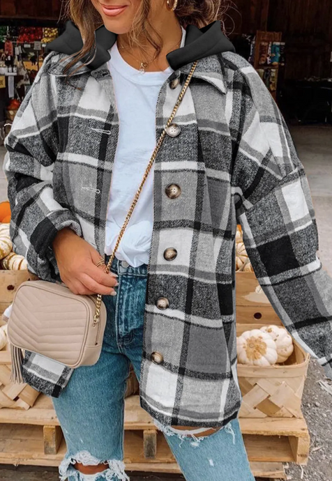 Hooded Plaid Button Shacket