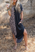 Load image into Gallery viewer, Contrast Solid Leopard Short Sleeve T-shirt Dress with Slits